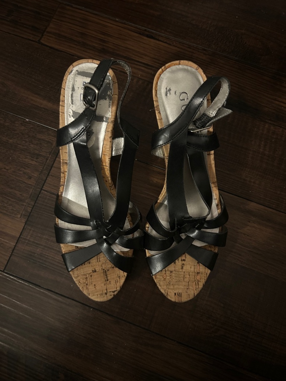 GUESS Classic Black Strappy Cork Wedge Sandals - Women